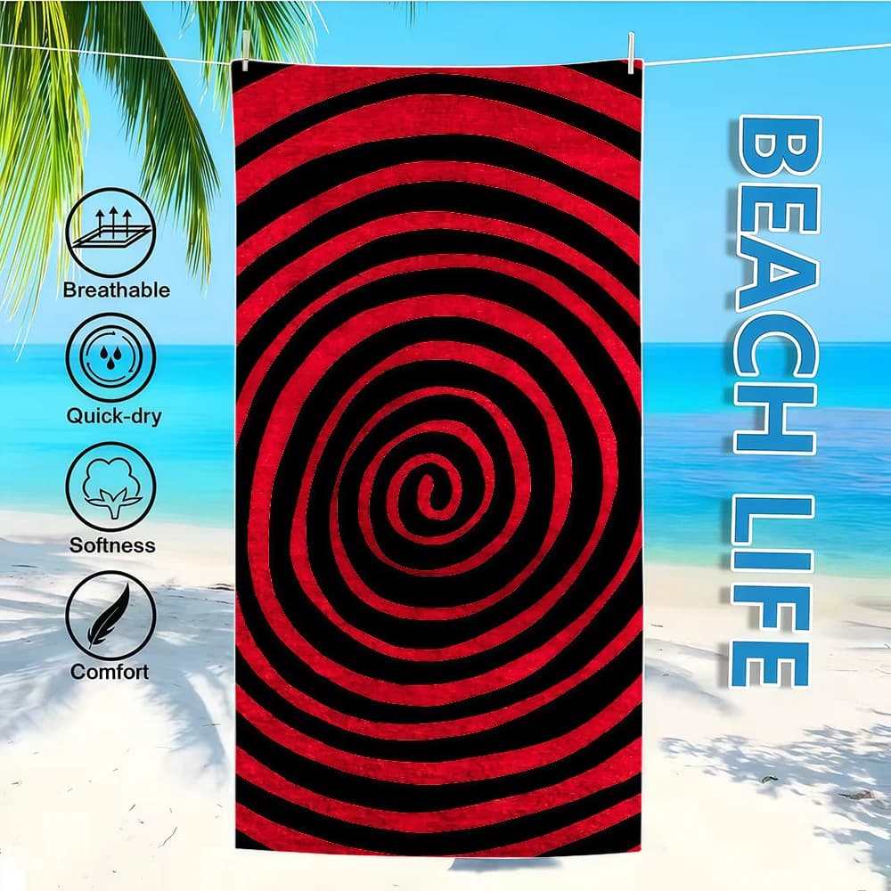Quick-drying, lightweight and portable colored fabric bathrobe, ideal for camping, swimming pool, travel and beach, with spiral pattern.