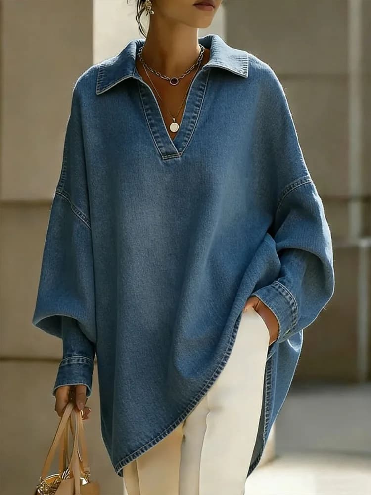 Camicia in denim oversize da donna Bonboho, lavaggio chiaro, scollo a V, elegante e casual, per ufficio e vacanze - Collezione Estate 2026