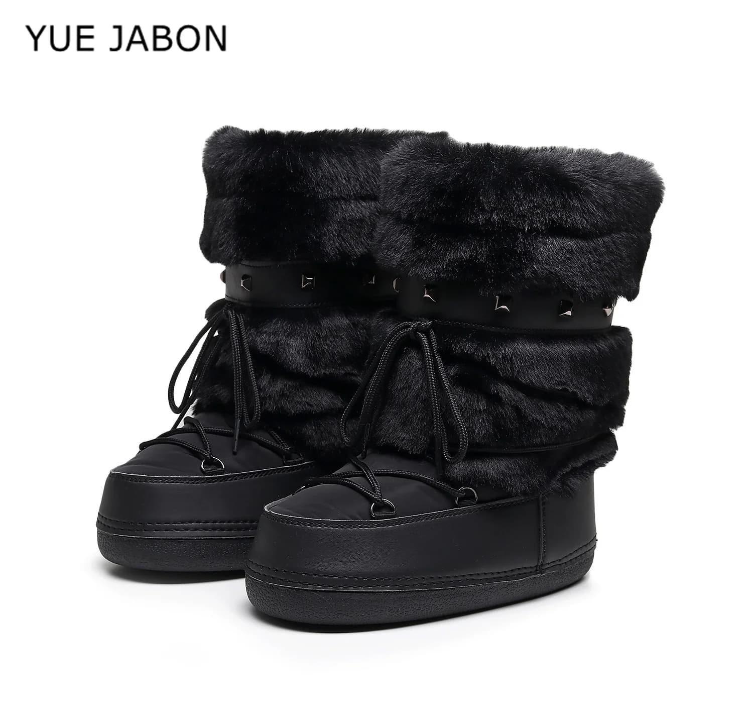 Winter Fur Cross Tied Rivet Snow Boots Women Round Toe Slip On Black Ankle Boots 2026 Winter Warm Anti-slip Boots