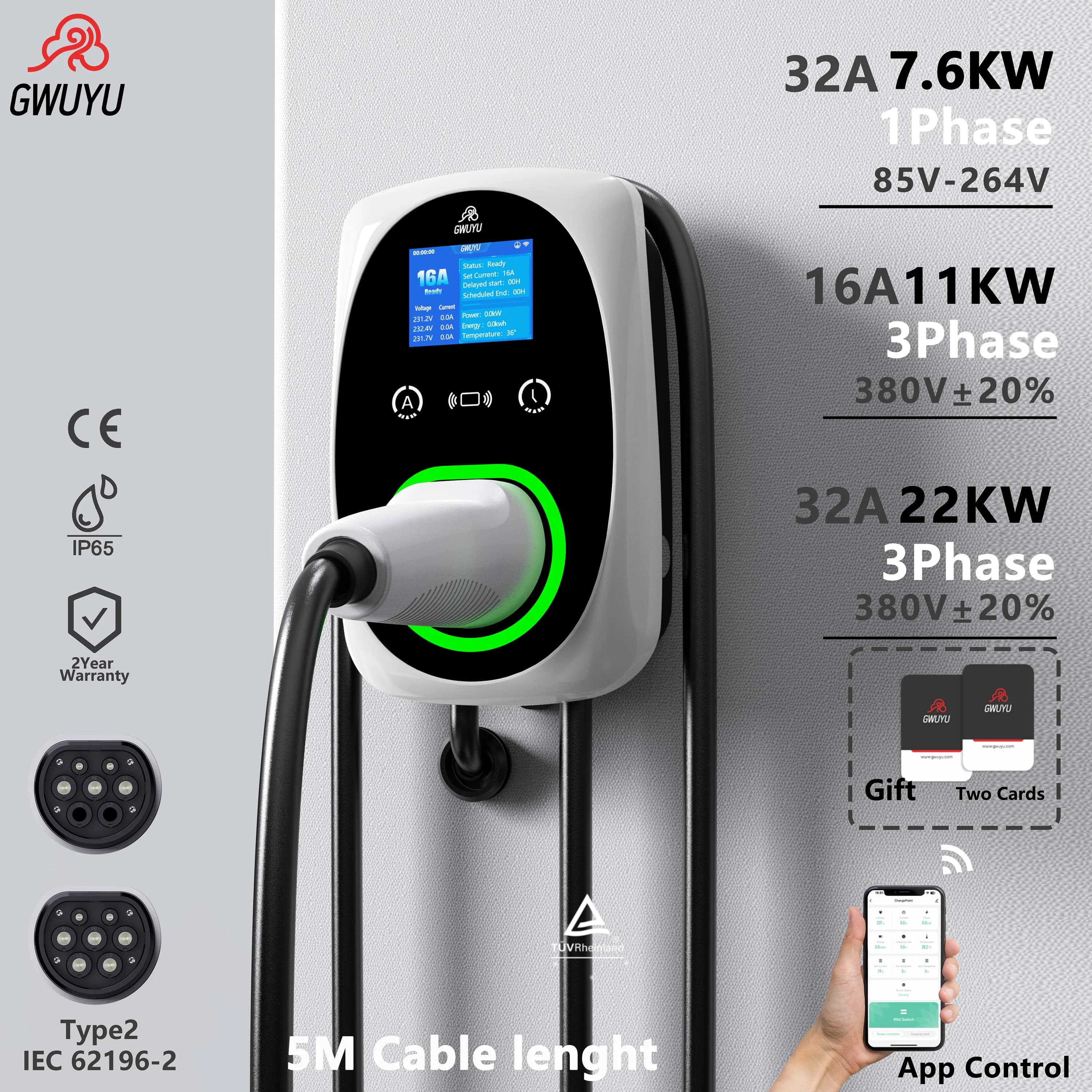GWUYU EV Charger 32A 7.6KW Car Charger for Electric Vehicles EVSE Wallbox 11KW 22KW Three-phase cable Type2 socket IEC62196-2 APP control