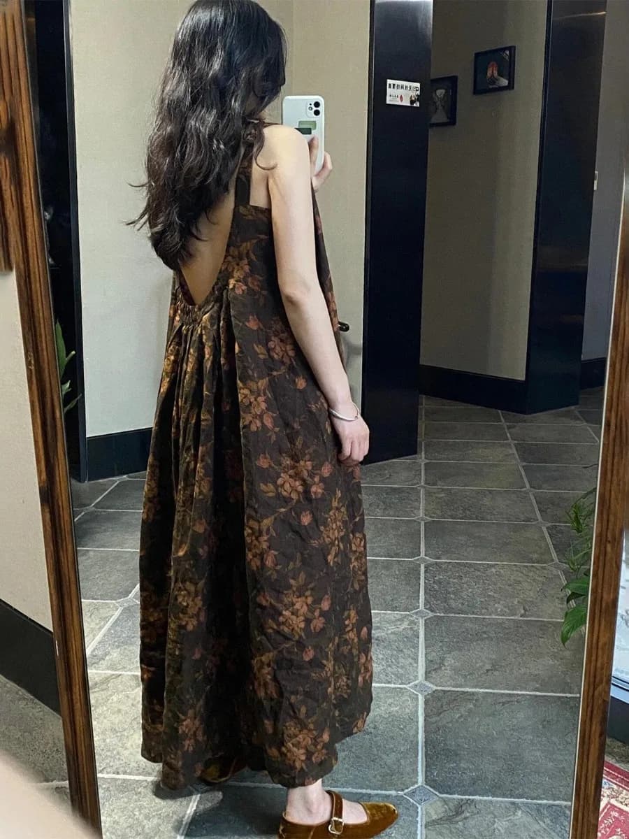 Authentic New Chinese Retro Print Sleeveless Vest Dress Summer Cotton Linen Women's Dress Commute Style Loose Fit Casual Wear
