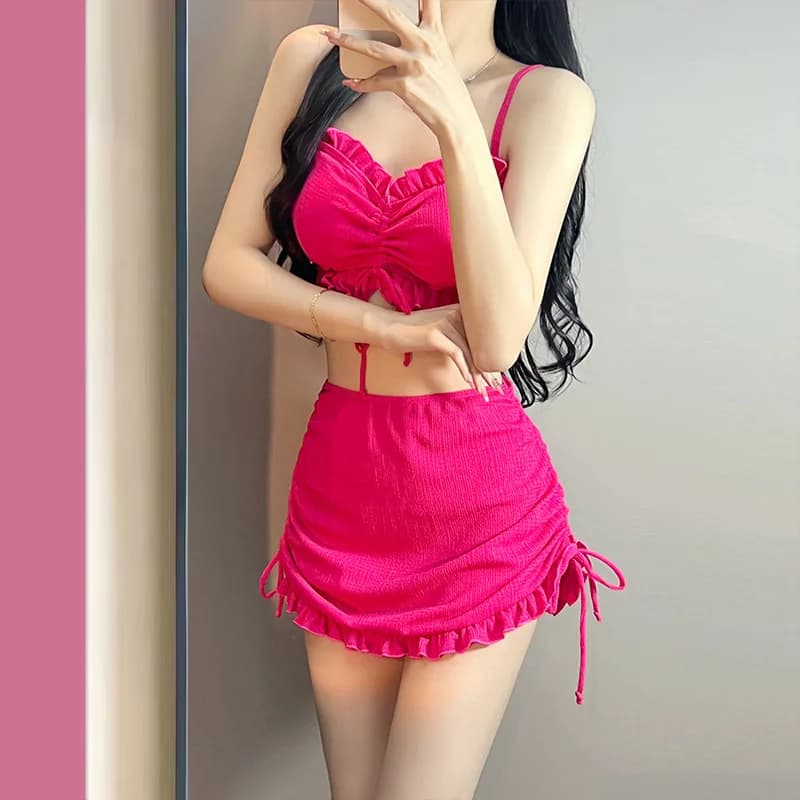 Completo bikini da donna/ragazza, sexy e dolce, con maniche corte, spalle scoperte, allacciatura, due pezzi, costumi da bagno, abbigliamento da spiaggia