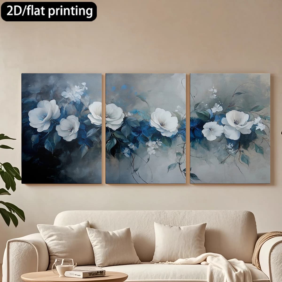 Decorative painting on canvas with wooden frame, 3 pieces. Abstract floral art, blue white. Tende per camera da letto ikea.