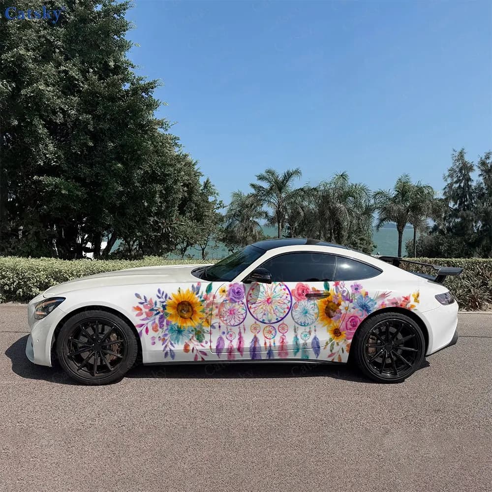 2pcs Dreamcatcher Sunflower Bloom, Durable, Fade-resistant, Enhance Vehicle Aesthetics With Bold Artistic Design Car Vinyl Wraps