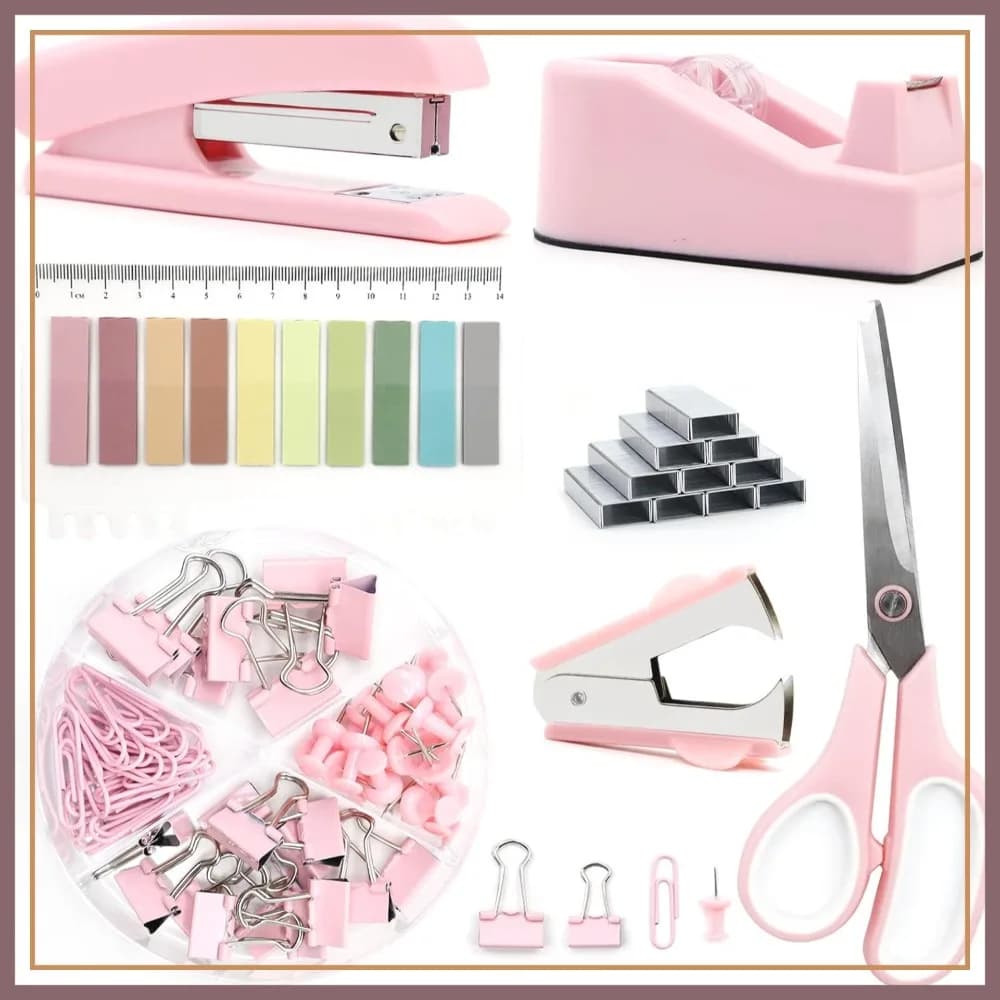 Set di Accessori da Scrivania Rosa UPIHO: Cucitrice, Dispenser per Nastro Adesivo, Forbici e Altro per Donne, Studenti, Colleghi