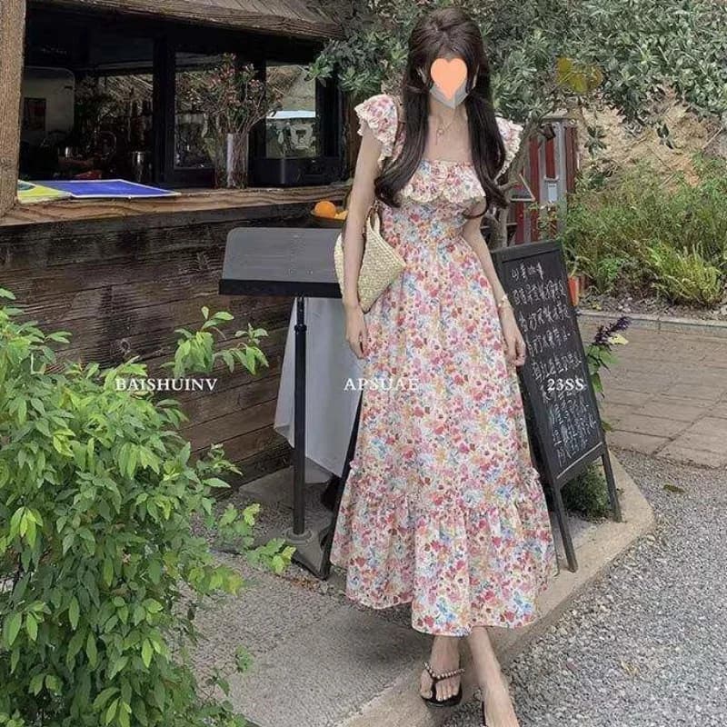 Women Print Maxi Dress Lady Pink Floral Elegant Lace Ruffle Detail Drape Dress Female Chic Sweet Vacation Dress
