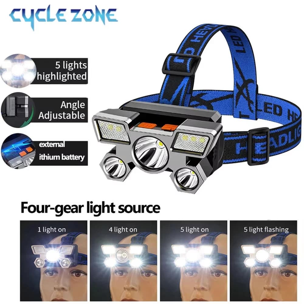 Strong Headlight Led Five Heads Airplane Light Usb Portable Head Mounted Flashlight