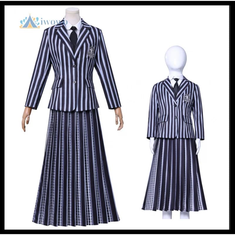 MovieWednesdayy AddamsFamilyCostume cosplay Kid Adulto Halloween Uniforme scolastica a strisce grigie Abiti da festa di carnevale