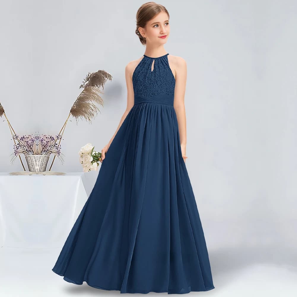 Abito da damigella d'onore junior in pizzo chiffon lungo fino al pavimento con scollo all'americana a trapezio Abito da ragazza di fiore blu navy per abiti da festa di nozze per adolescenti