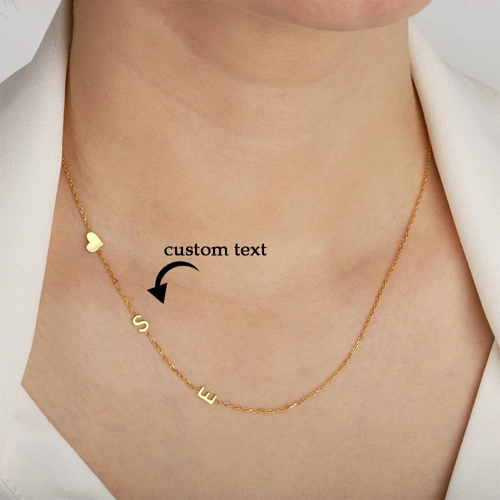 Custom Necklace with Heart Shaped Side Letters Initials, Gift For Mother's Day, Custom Gold Color Stainless Steel Jewelry Party For Lady of Honor