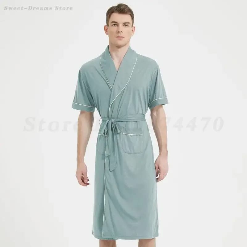 Male Plus Size 3XL 4XL Dress with Belt Short Sleeved Pattern Bathrobe Night Shirt Soft Nightwear Trained Casual Homewear Pigiama