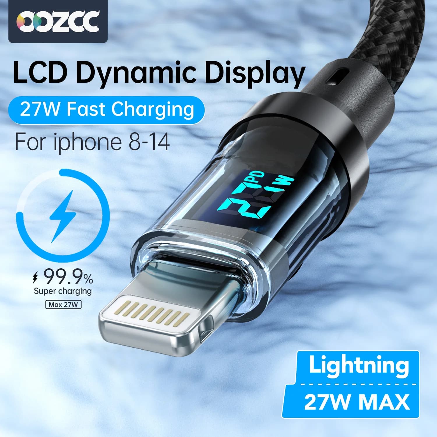 PD 27W Quick Charging Cable LCD Display Data transfer with transparent shell, USB A type C cable to Lightning for iPhone 14 Pro Max/13/12