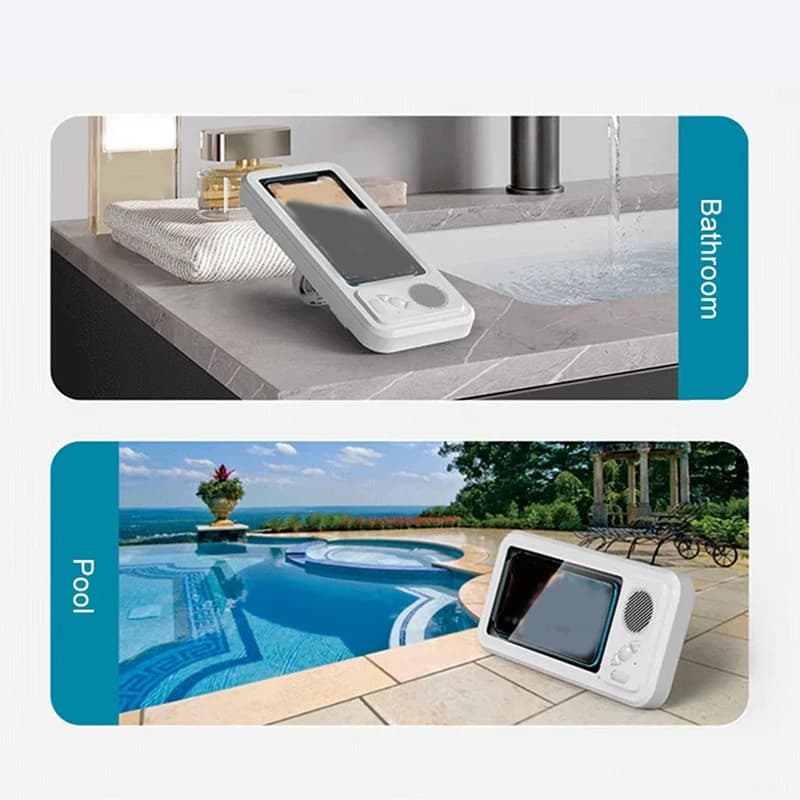 Supporto per telefono da doccia con altoparlante Bluetooth Supporto da parete per touch screen antiappannamento impermeabile IPX4 per doccia Bagno Nero-A14G