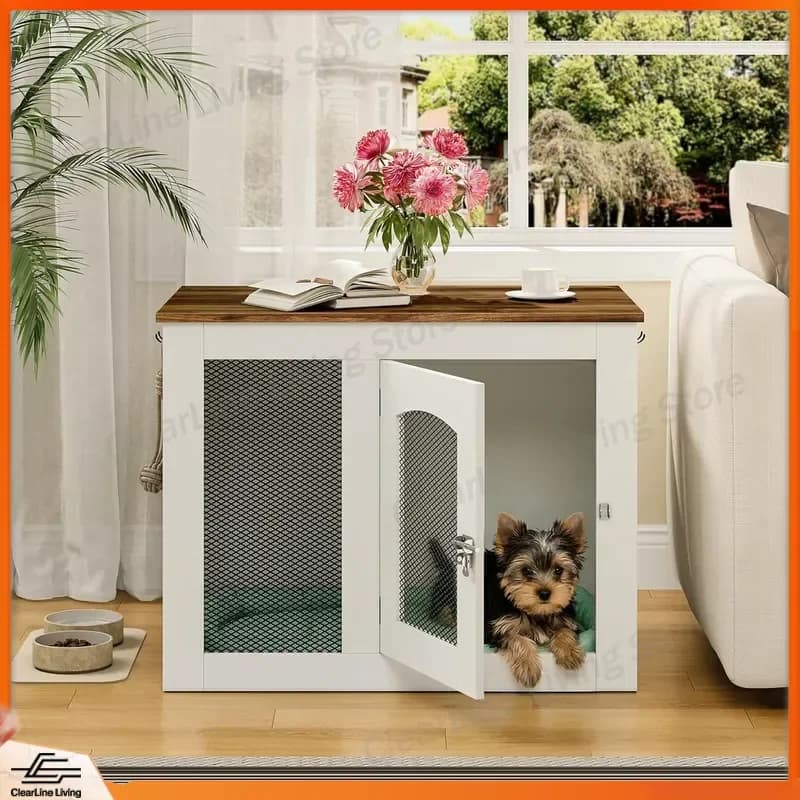 Wooden Dog Kennel Cage with Mesh Door Coffee Table Design for Small Medium Dogs Pet House Modern Decorative Dog Bed Furniture