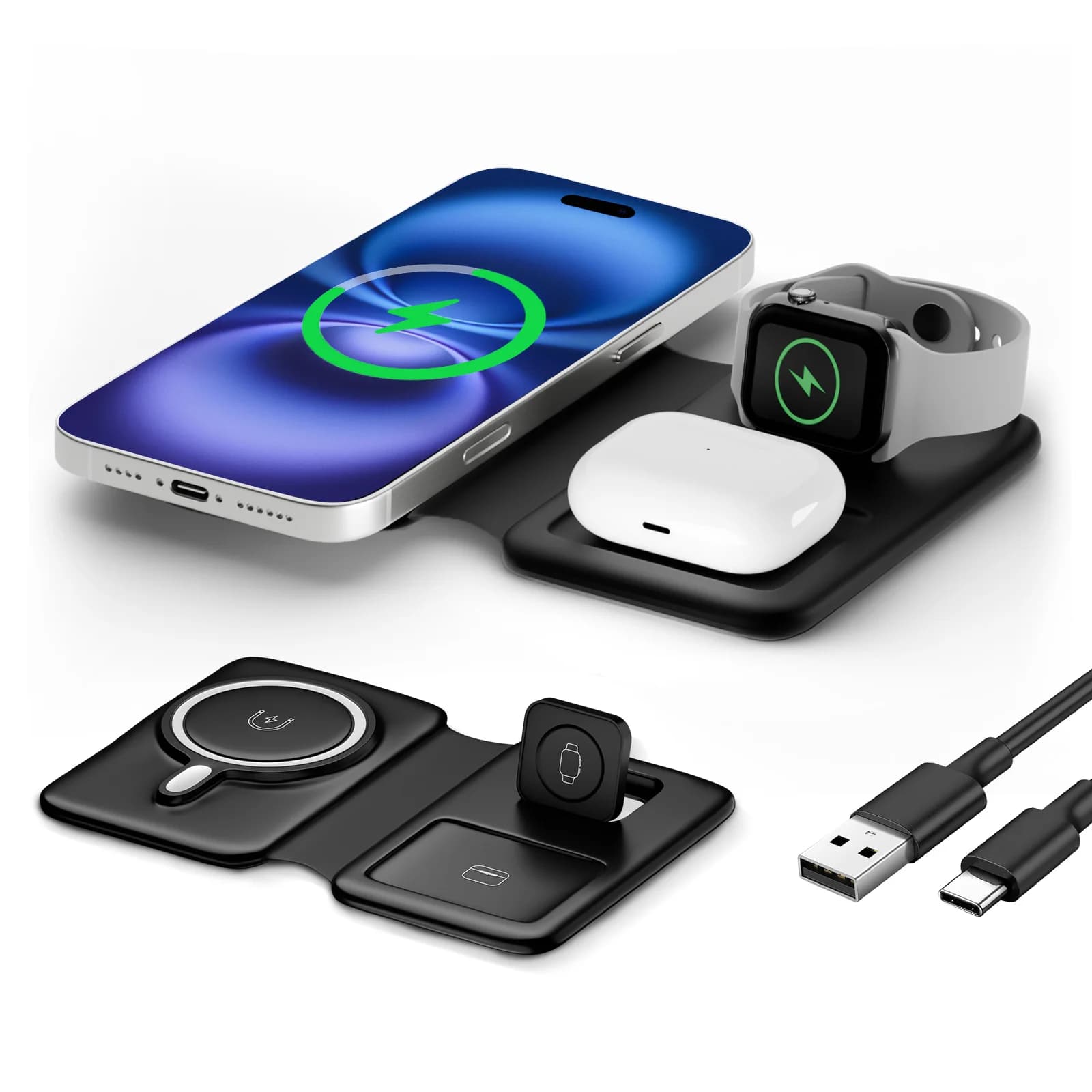 Wireless Magnetic Charging Station 3 in 1 from 15W, Foldable, Quick Charging, Type-C for iPhone 17 16 15 14 Xiaomi SAMSUNG iWatch AirPods