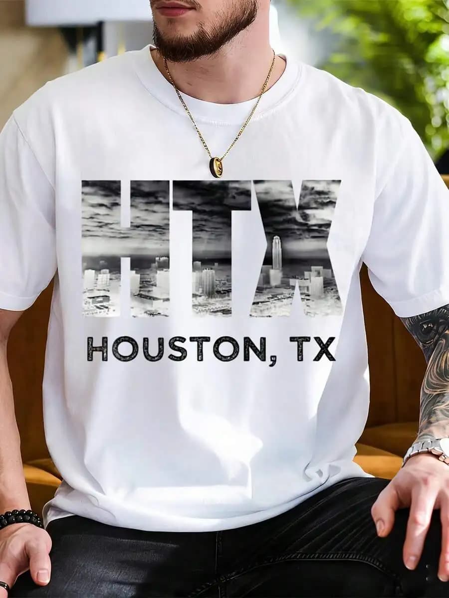 T-shirt con grafica Skyline di Houston Tx, da uomo, in cotone bianco, casual, streetwear, design urbano con paesaggio urbano, per l'uso quotidiano e per i viaggi