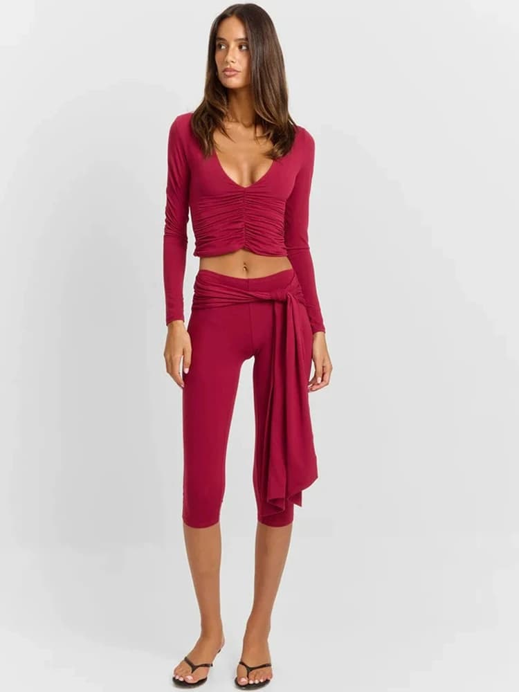 Completo Sportivo Fantoye con Scollo a V Profondo, Top a Maniche Lunghe e Pantaloni a Vita Alta, Set Due Pezzi Estivo Casual Aderente per Donna