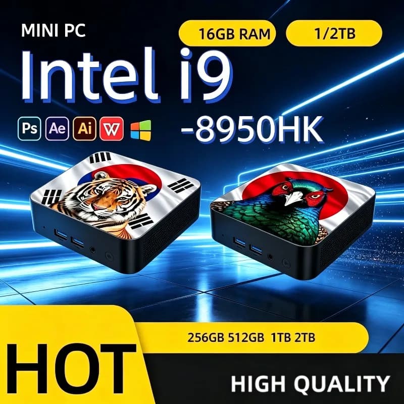 Compact Desktop Mini PC Intel Core i9 8950HK, 16GB DDR4 NVMe SSD, Triple 4K, Silent Cooling, Ultra Fast for Home Office.