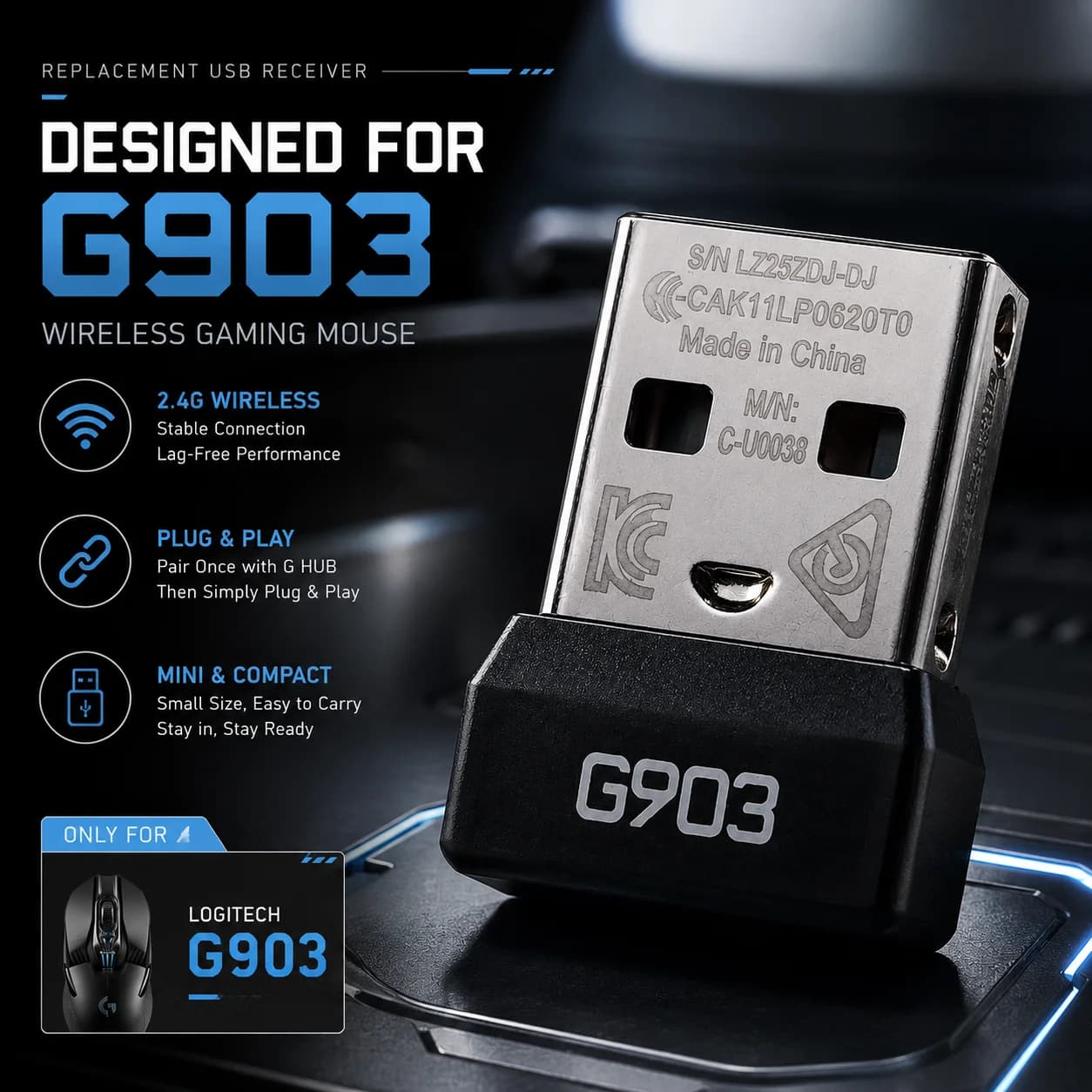 Adattatore ricevitore USB per mouse da gioco wireless Logitech G903, dongle di ricambio, ricevitore USB 2.4G