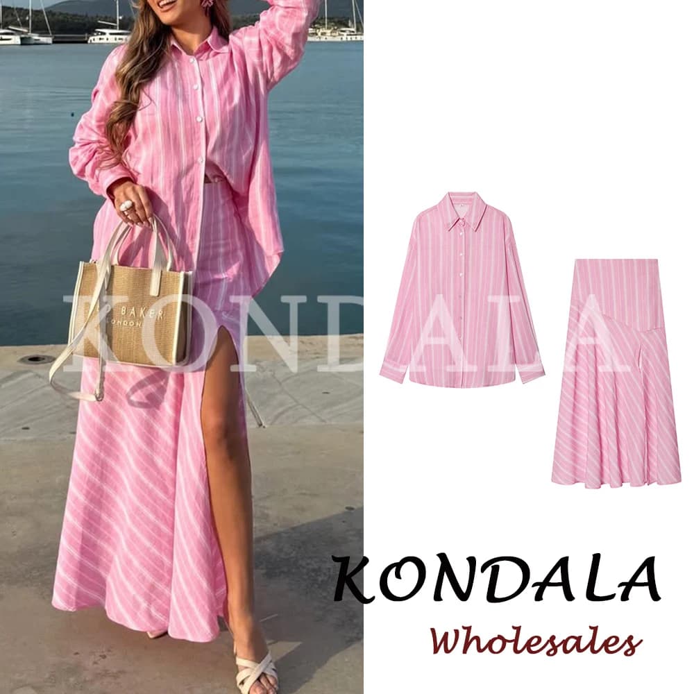KONDALA Chic Fashion 2026 Completo Casual da Donna Rosa a Righe, Camicia Larga Monopetto + Gonna Lunga Drappeggiata con Spacco, Set Femminile