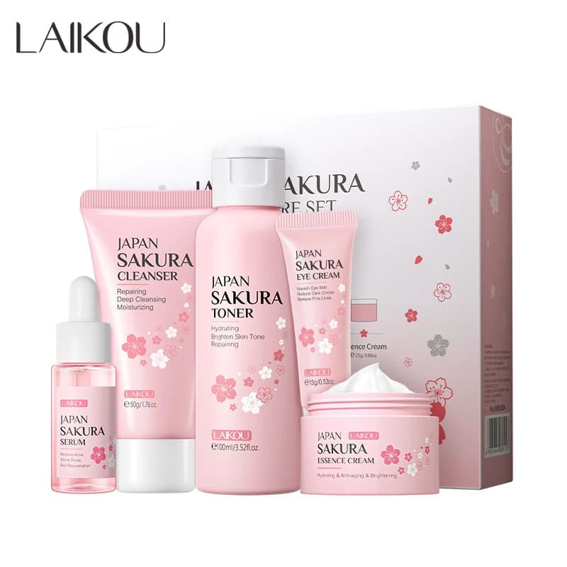 Sakura leather care product set: face cream, eye cream, face cleanser, smoothing serum, Korean cosmetics for facial and eyes care.