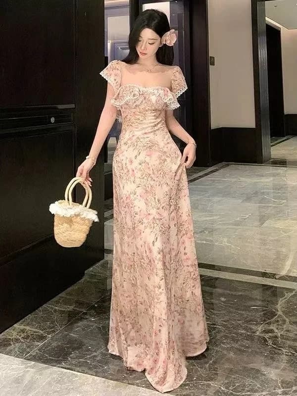 Summer Floral Print Slim Fit Wrap around One Shoulder Dress Women's Holiday Casual Sweet And Spicy Waist Cinched Long Dress