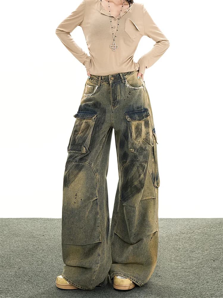 Women's Cargo Jeans Vintage Autumn, Gamba pants Larga Effetto Vissuto, Style Streetwear, Floor Length, Casual Oversize pants at Fashion