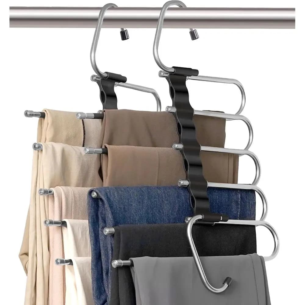2 Pack Pants Hangers Space Saving - Multi Pants Hanger Save 80% Space - 5 in 1 Pant Rack Hanger Clothes Organizer, Multifunction