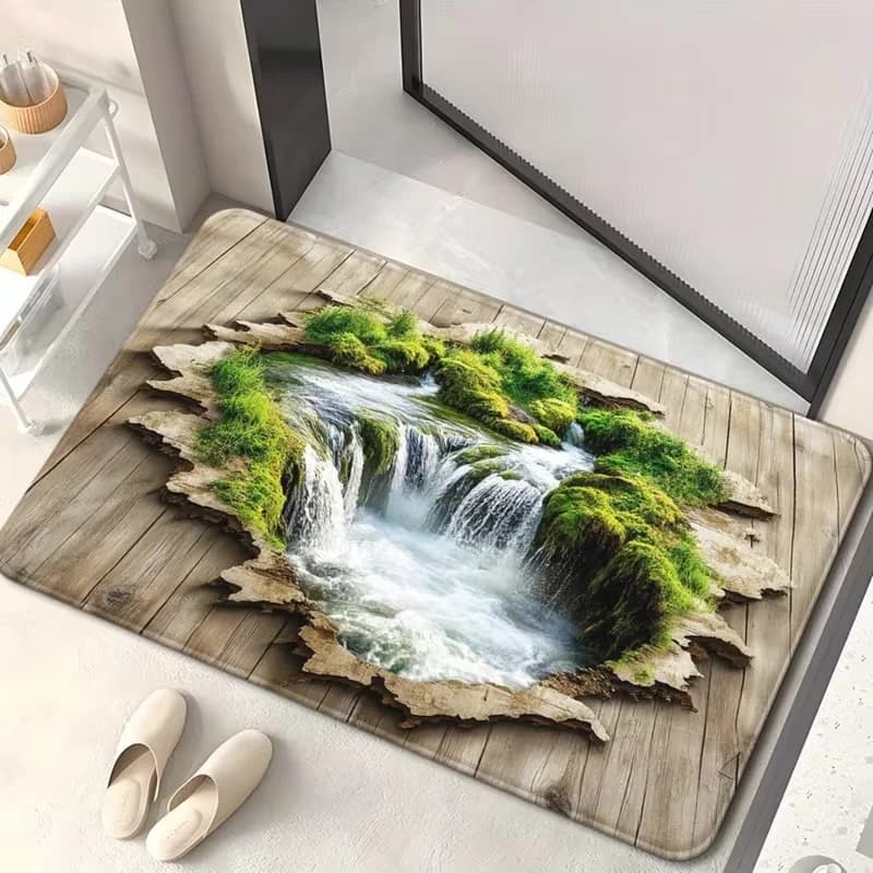 Tappetino 3D Perforato con Effetto Illusione Ottica, Antiscivolo e Realistico con Cascata e Piante Verdi, Morbido Tappeto Mini per Bagno, Camera da Letto e Ingresso