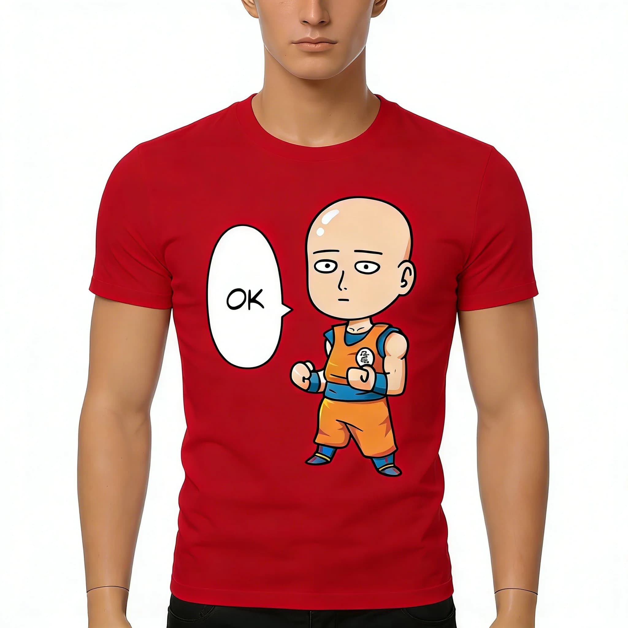 T-shirt da uomo One Punch Man in cotone rosso con grafica Saitama e bolla di testo, ideale per l'uso quotidiano, casual, per otaku, in campus o a casa