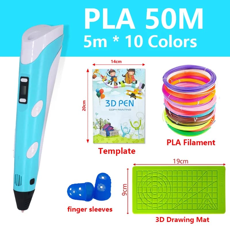 3D Printing Pen Kit for DIY Craft & 3D Drawing, Adjustable Speed, 50m PLA Filament in 10 Colors, Finger Sleeves, 3D Drawing Mat
