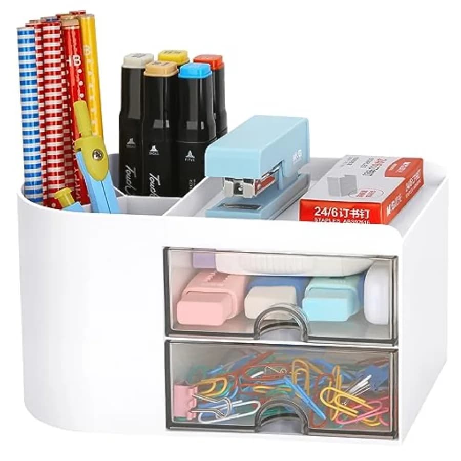 Desk Organizer Office Supplies Caddy with Pencil Holder and Drawer for Desktop Accessories, Business Card/Pen/Pencil/Mobile Pho