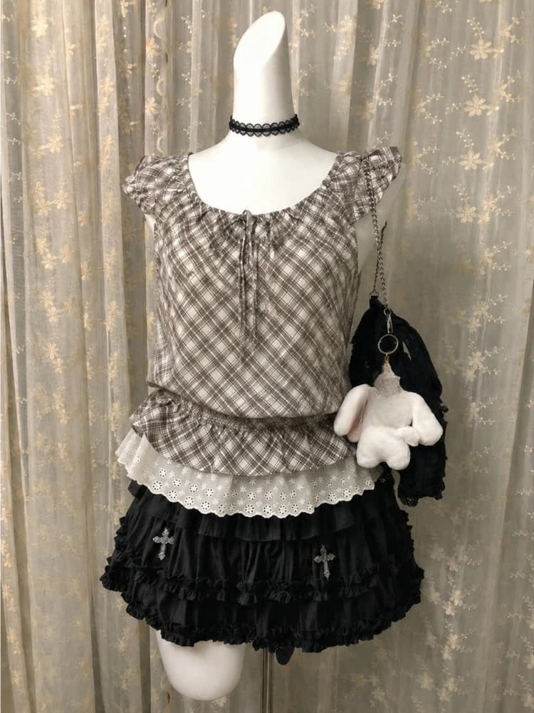 Summer French Elegant Vintage 2 Piece Suit Women Retro Plaid Short Sleeve Blouse Pleated Skirt Harajuku Y2K Daily Street Wear