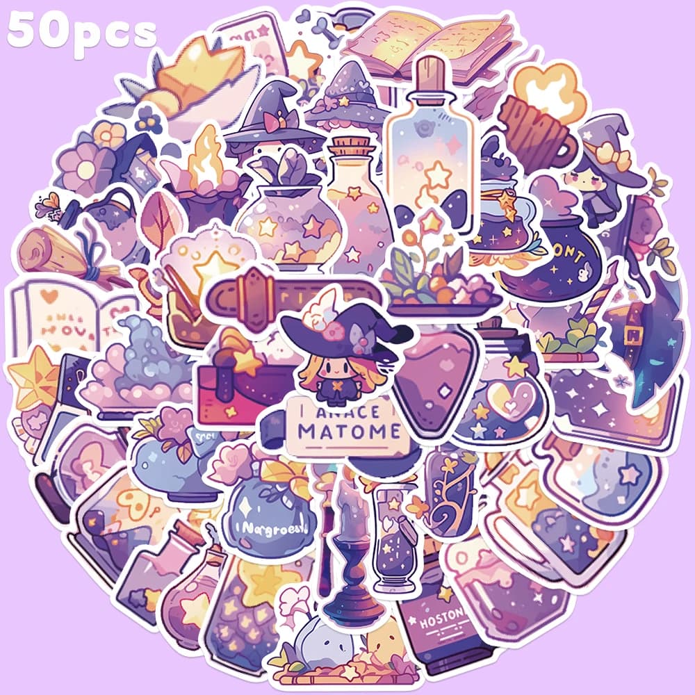 50 pezzi viola magia strega pozione adesivo per laptop bagagli cancelleria telefono scrapbook chitarra skateboard decorazione fai da te adesivo