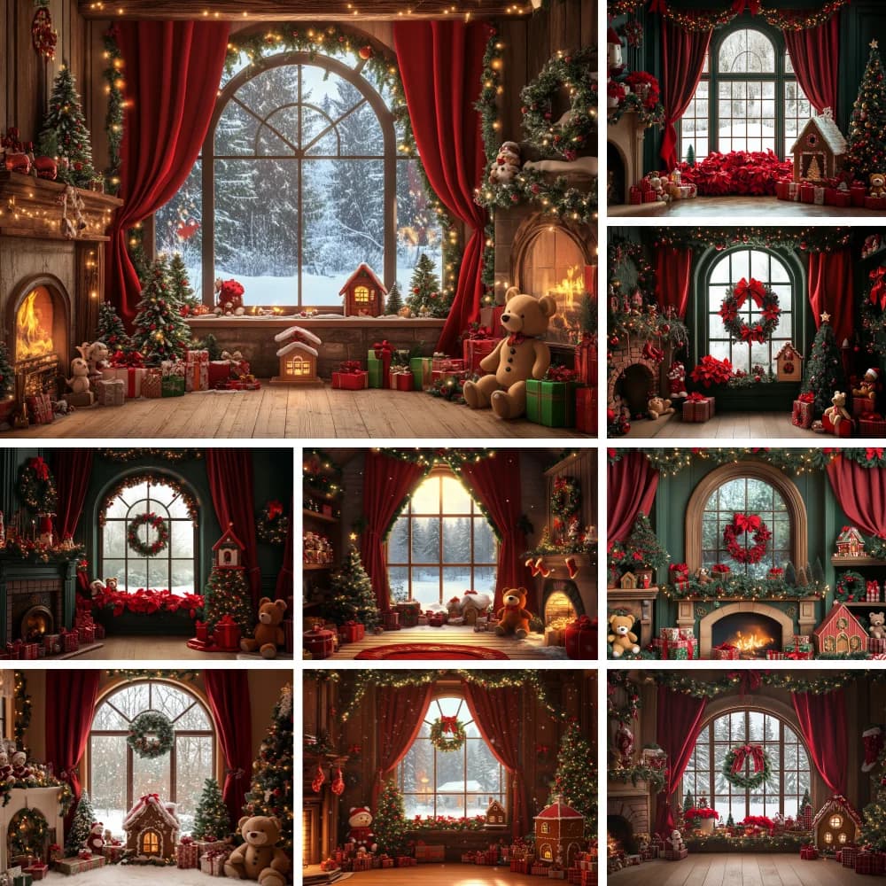 Arched Snow Window Fireplace Christmas Photography Backdrop Red Curtain Xmas House Bear Gift Box Photo Background Shooting