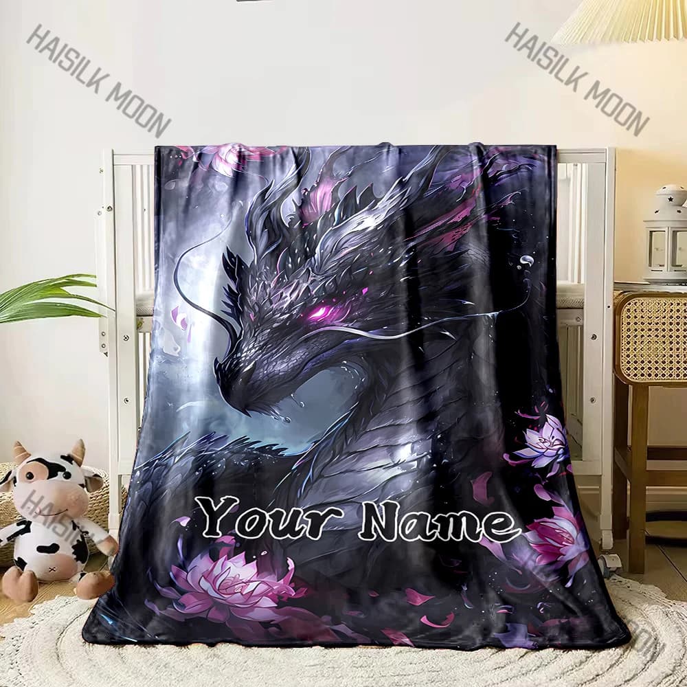 Nome personalizzato Coperta personalizzata Modello drago nero Coperte morbide e calde Viaggio a casa e comoda coperta