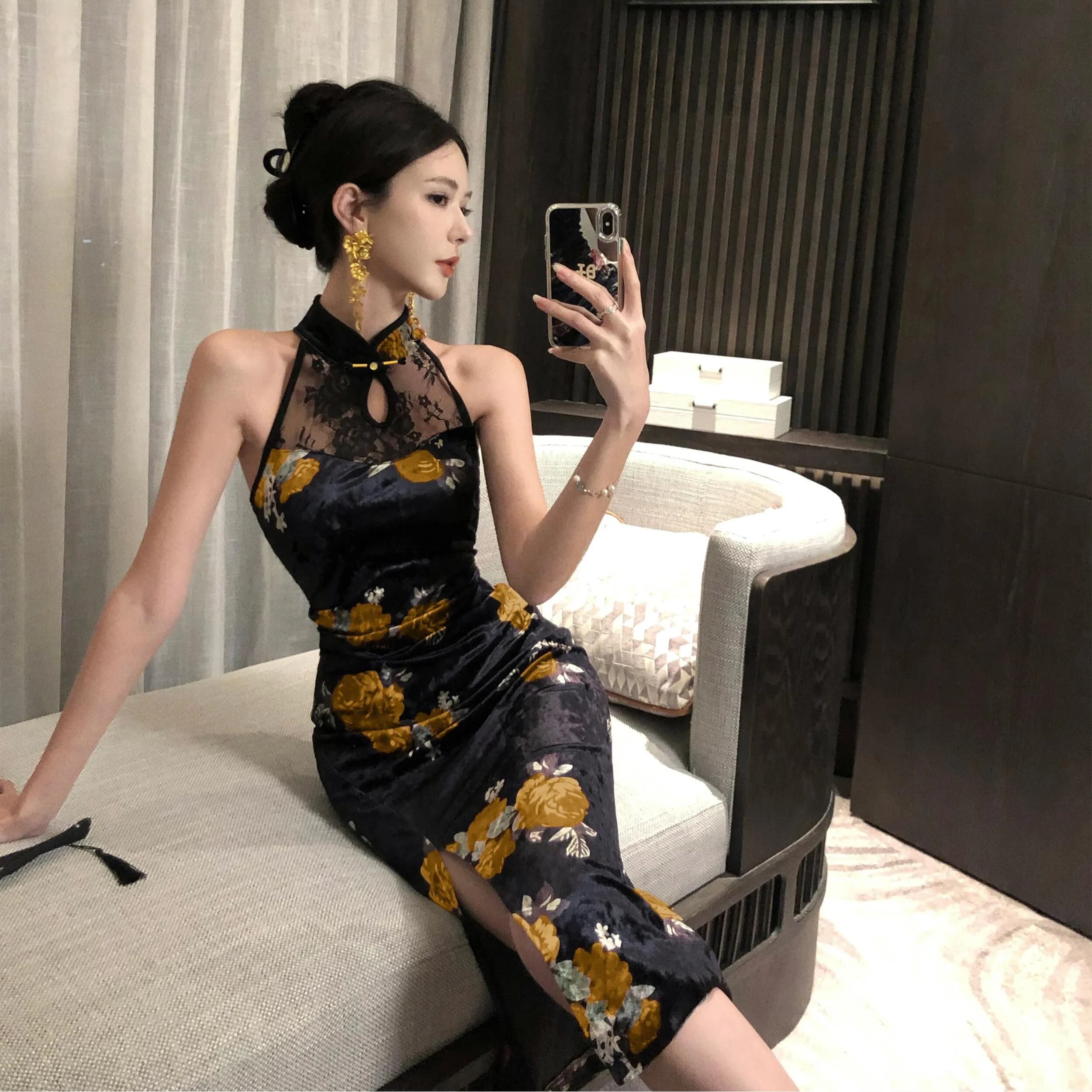 Elegant Chinese Style Velvet Print Sleeveless Bodycon Dress High Slit Daily Wear Retro Fashion Women's New Arrival