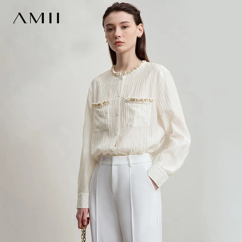 AMII Camicia da donna 2025 Autunno Nuovo Elegante Versatile Camicetta da donna Tasche O-Collo Allentato Maniche lunghe Casual Donna Tops12543146