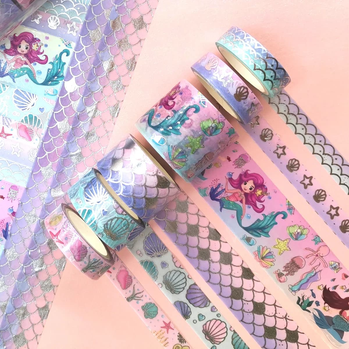Set di nastri Washi a forma di sirena, 6 rotoli di nastri decorativi a tema oceano con glitter argentati per journaling, scrapbooking, artigianato fai da te, regali