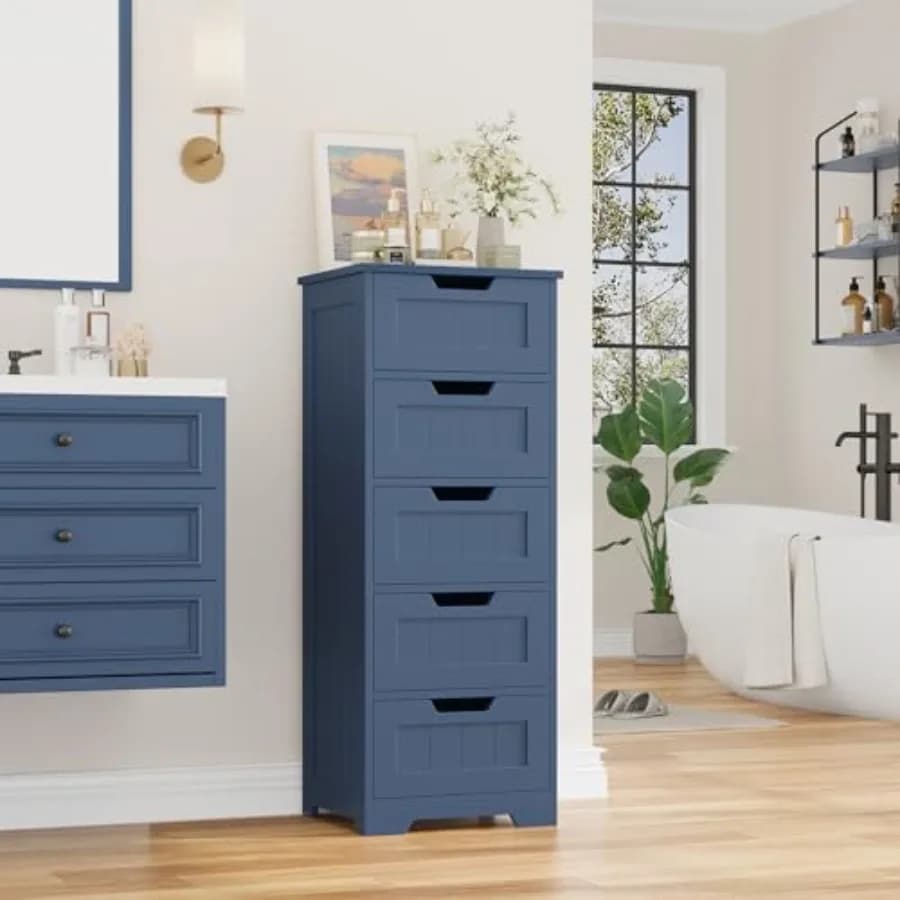 Mobiletto da Bagno Blu con 5 Cassetti, Armadietto in Legno con Maniglie Integrate, 11.8 x 15.7 x 40.1, Mobiletto da Terra per Bagno e Corridoio