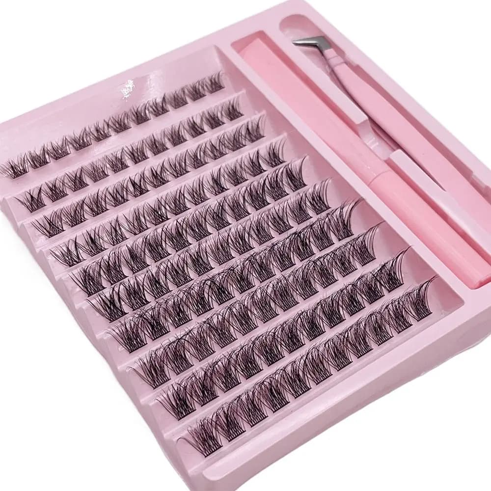 Eyelash kit of different hand-made lengths with glue for DIY application, bulky fake lashes for domestic use