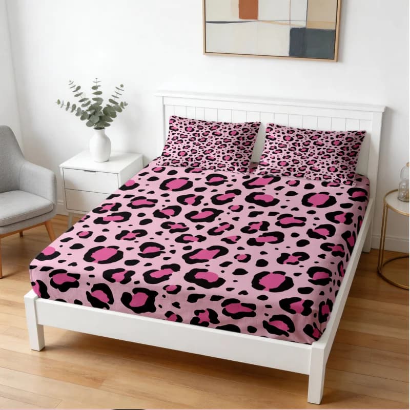 Dopamine Leopard Print Fitted Sheet Set, Soft Airy Fabric Deep Pocket Bed Sheet with Pillowcase, No Filler Bedding for Daily Use
