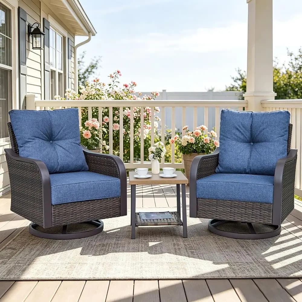 Set da 3 Sedie a Dondolo Girevoli in Vimini con 6 Cuscini Spessi e Tavolino Laterale, per Balcone, Portico o Giardino, Colore Blu Navy