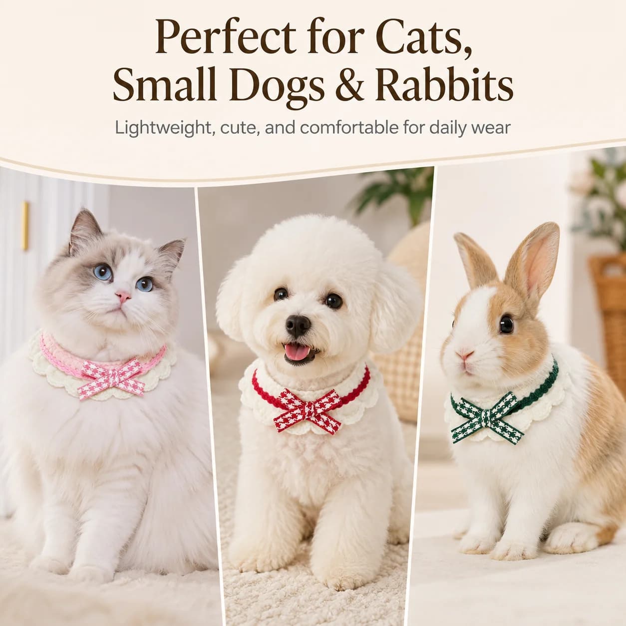 Cute Braided Pet Neck Scarf, Campus Style Bandana for Small Dogs Cats, Adjustable Rabbit Collar with Bow Tie Design