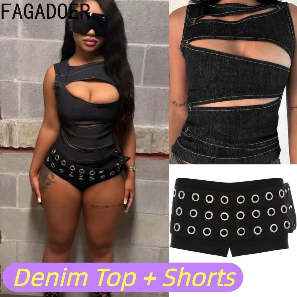 FAGADOER Completo Punk Bodycon 2 Pezzi Y2K Streetwear per Feste e Club, Sexy Top in Denim con Cerniera e Dettagli Cut-out + Pantaloncini con Strappi