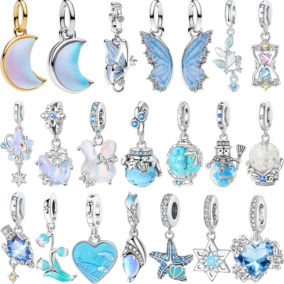 Nuovo originale argento sterling 925 blu charms luna farfalla sfera di cristallo perline pendenti adatti braccialetto collana gioielli fai da te regalo