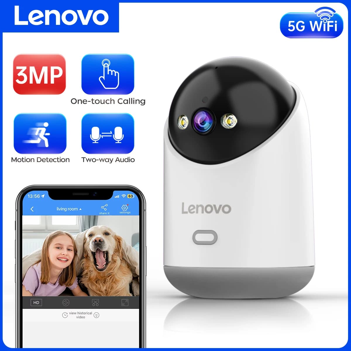 Lenovo 3MP 5G WiFi Smart Mini PTZ IP Camera Indoor Home Wireless Auto Tracking CCTV Telecamera di sorveglianza di sicurezza Baby Monitor