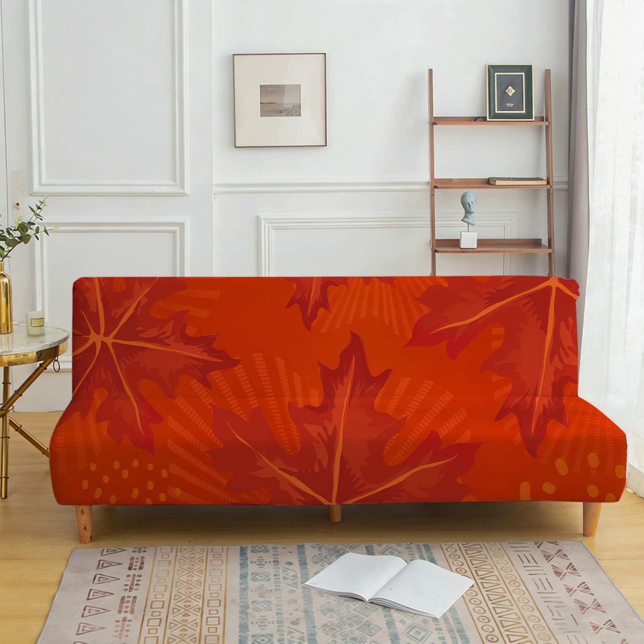 Elastic Cover without Arms with Motive Orange-red maple leaves, Protective Cover Anti-dust and Anti-slip for Furniture