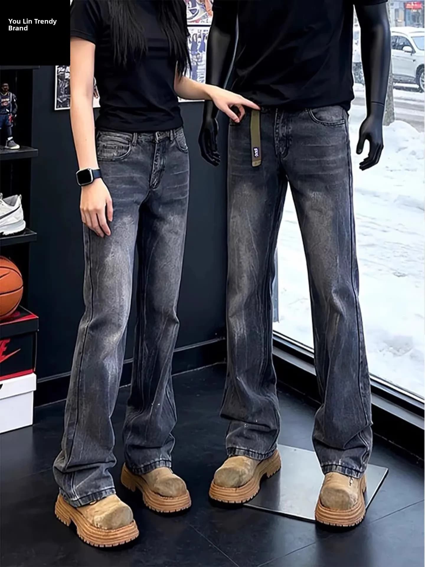 Jeans da uomo Bla Waed con motivo Lightning, gamba dritta, micro svasati, Cleanfit, effetto allungamento gambe, stile American High Street