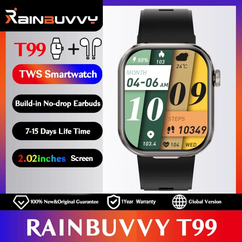 Rainbuvvy T99 TWS Smart Watch Auricolari incorporati Schermo da 2,02 pollici 2 IN 1 Auricolari wireless Chiamata Bluetooth Calorie Smartwatch